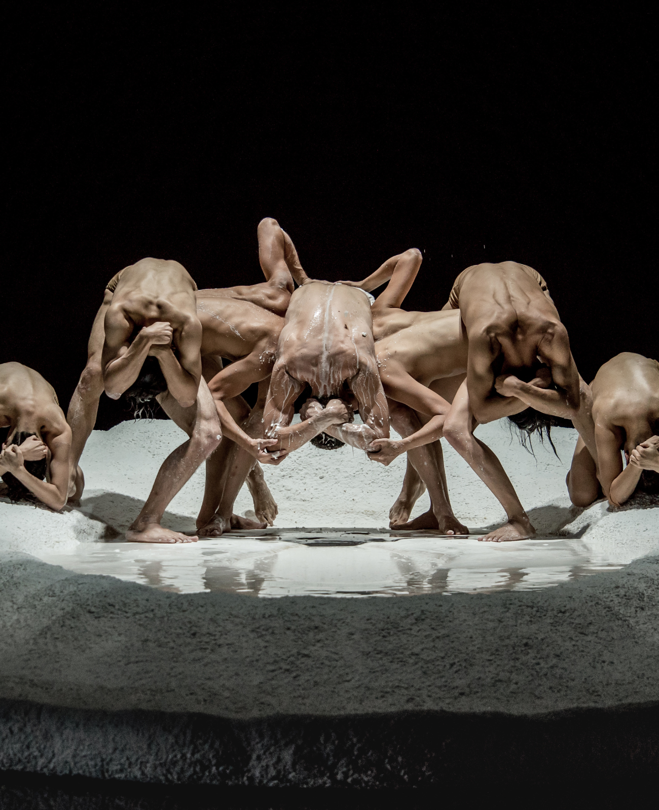 A group of dancers, naked from the waist up form an intricate geometric shape using their bodies