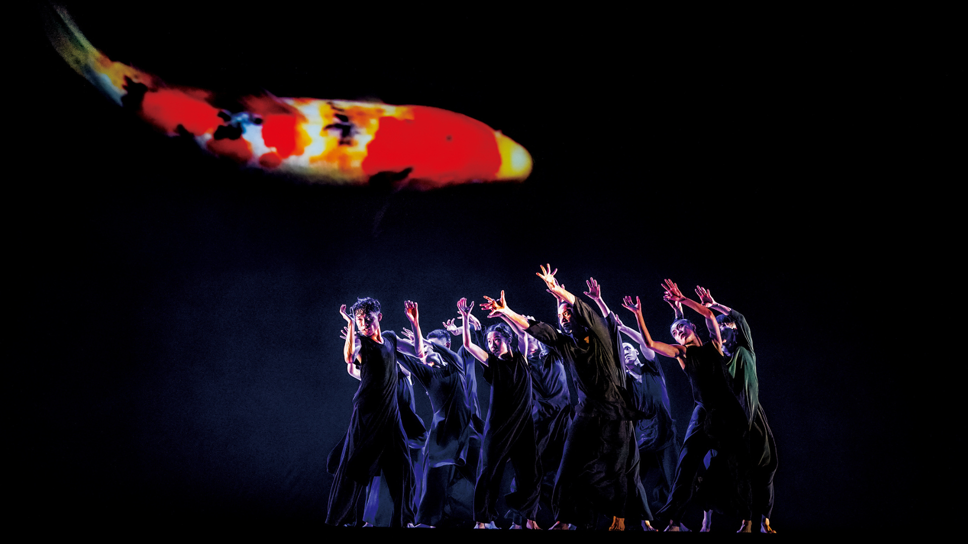 A group of dancers in dark clothing on a dark stage reach up towards the giant projection of a brightly coloured koi fish